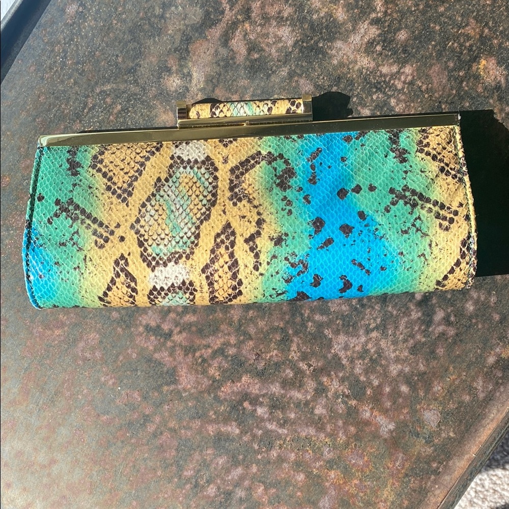 Nine West Alligator Print Blue/Green/Tan Clutch with Gold Clasp